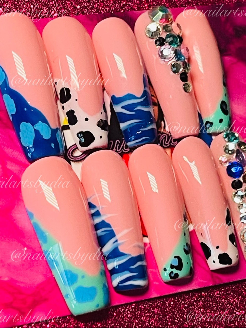 Pink Acrylic Nail Set with Blue, Teal & Black Accents